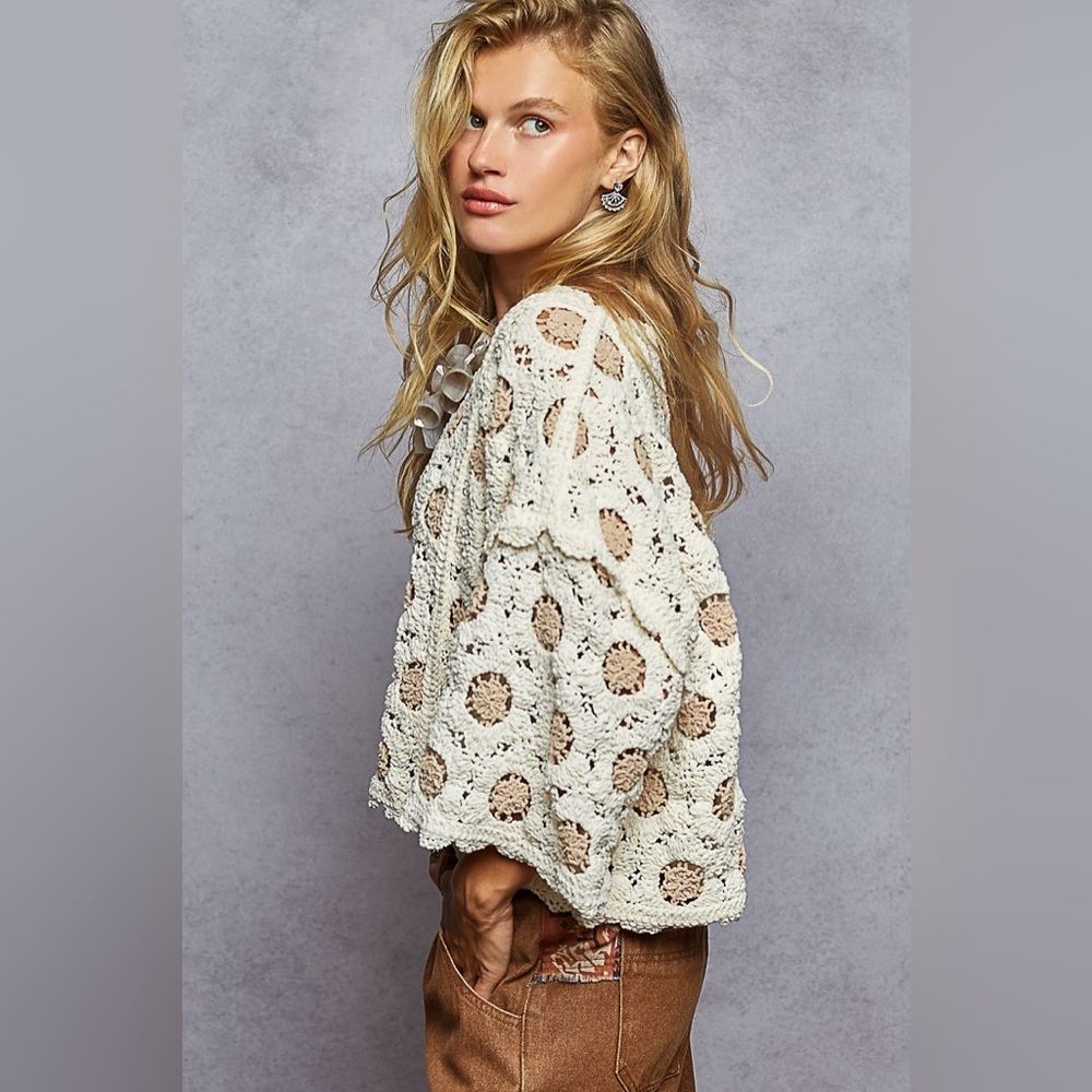 🍒 POL “ Daybreak Pullover “ Crochet Daisy Chenille Spring Sweater | Cream